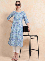 Blue Grey Floral Digital Print with Lace work A-line Kurti